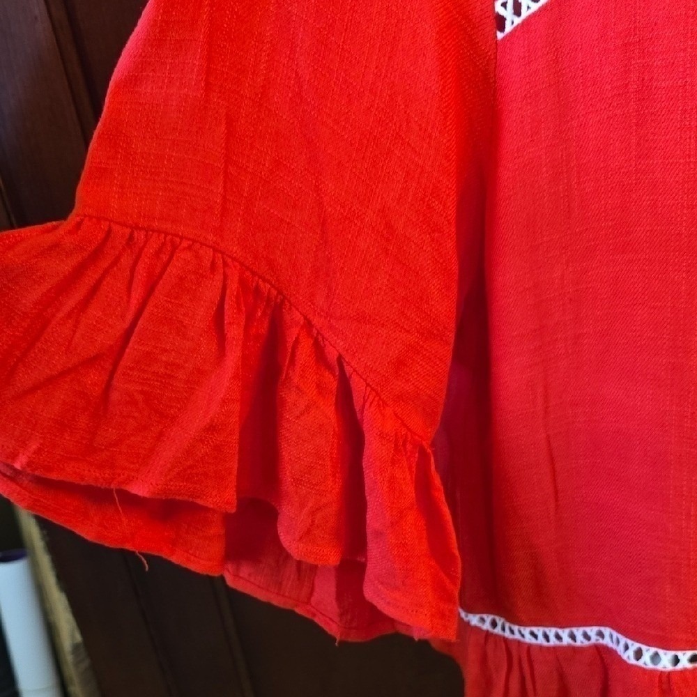 Umgee USA Red Bell Sleeve Lace Trim Peasant Tunic Blouse Top Large - Picture 5 of 7